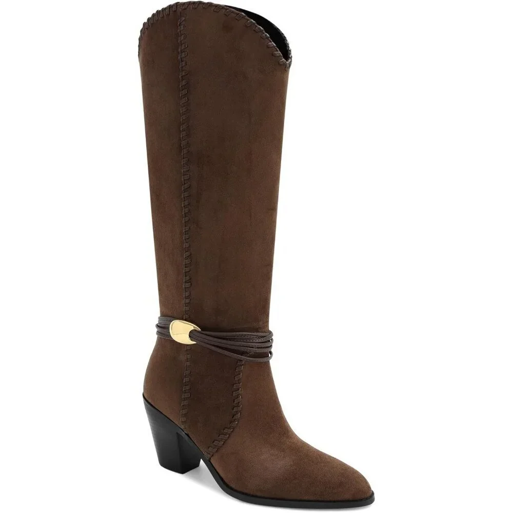 Women's Chocolate Suede Cowboy Pointed Toe Knee High Chunky Stylish Comfort Heel